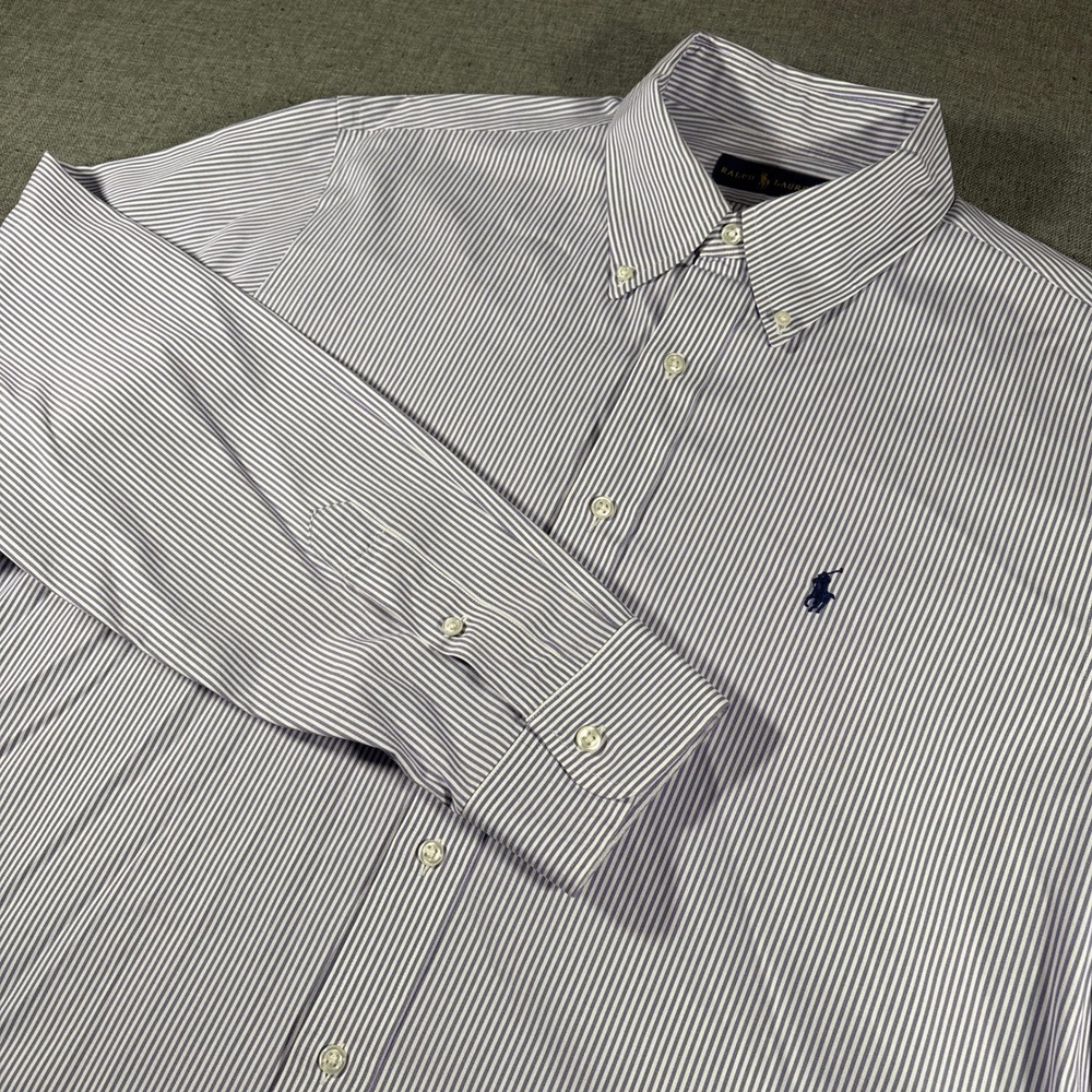 Ralph Lauren Button Down Shirt Mens 17.5 Purple White Striped Long Sleeve Pony